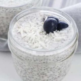 overnight coconut chia pudding with blueberries and shredded coconut